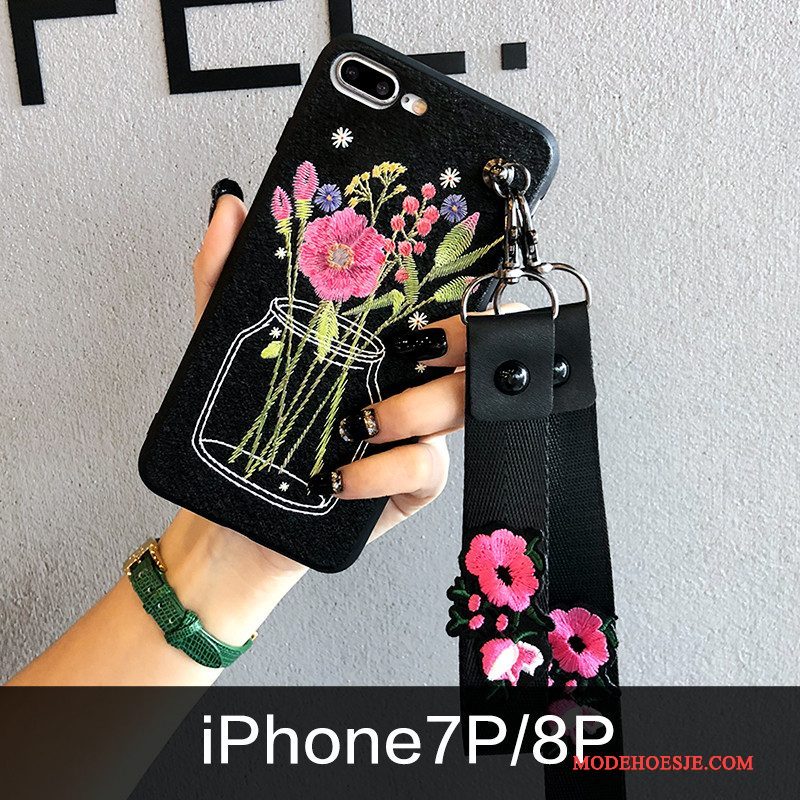 Hoesje iPhone 8 Plus Zacht Trendy Merk Nieuw, Hoes iPhone 8 Plus Siliconen Bloemen Borduurwerk