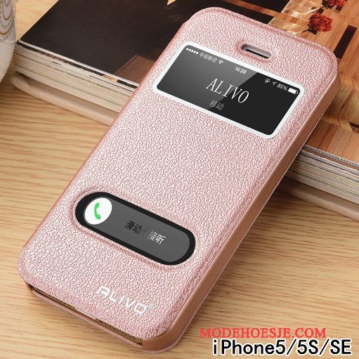 Hoesje iPhone Se Leer Trend Roze, Hoes iPhone Se Folio Anti-falltelefoon