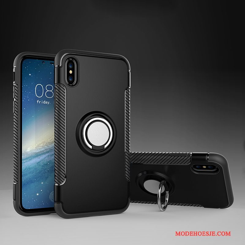 Hoesje iPhone X Bescherming Telefoon Auto, Hoes iPhone X Leer Magnetisch Ring