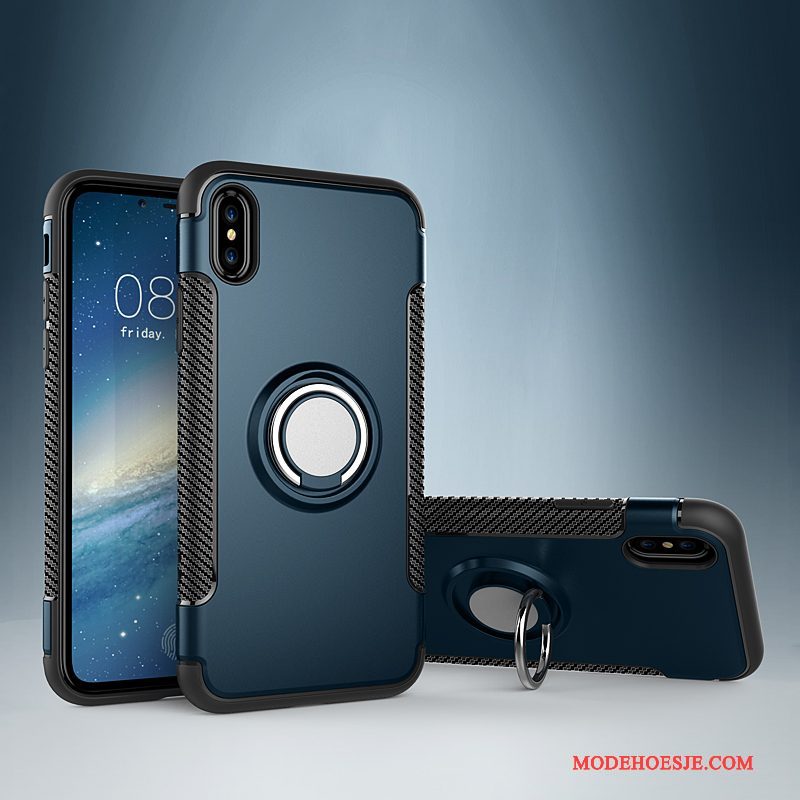 Hoesje iPhone X Bescherming Telefoon Auto, Hoes iPhone X Leer Magnetisch Ring