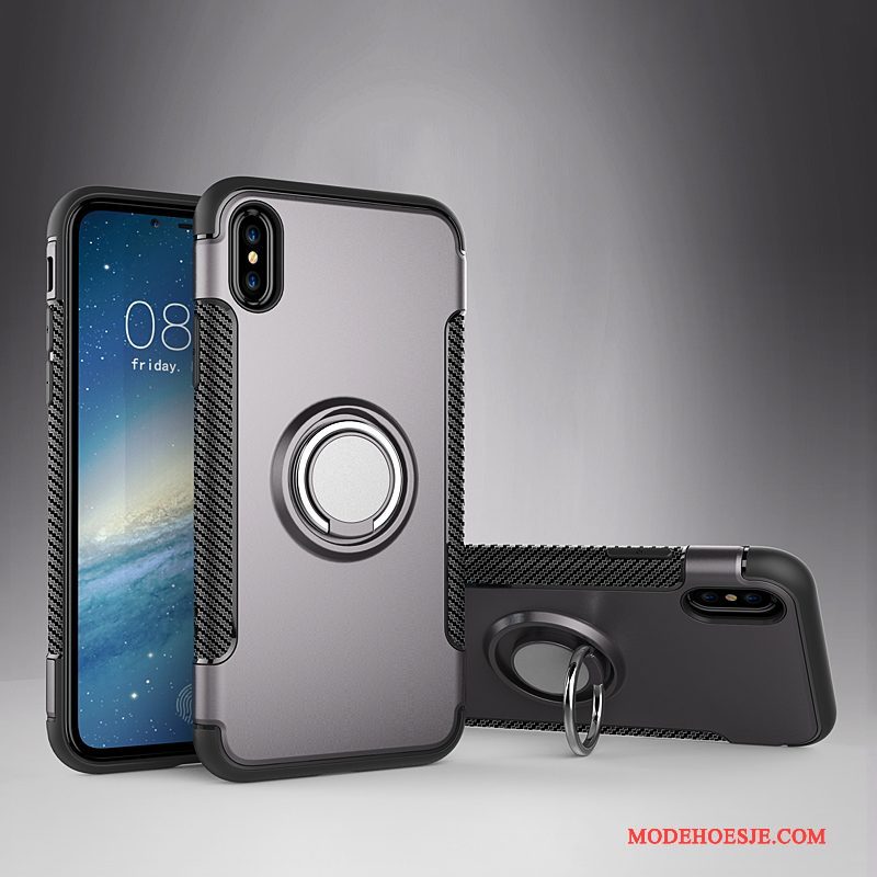 Hoesje iPhone X Bescherming Telefoon Auto, Hoes iPhone X Leer Magnetisch Ring