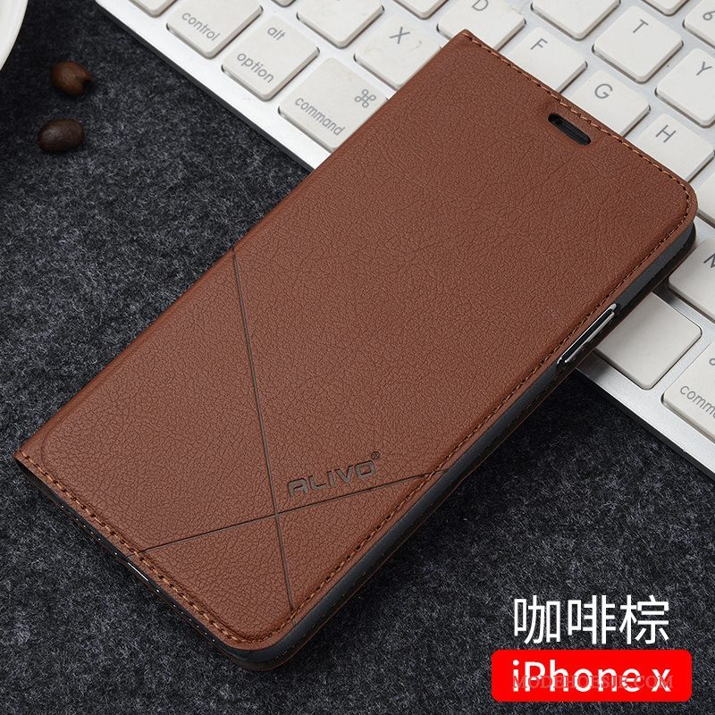 Hoesje iPhone X Folio Zwarttelefoon, Hoes iPhone X Leer Trend Anti-fall