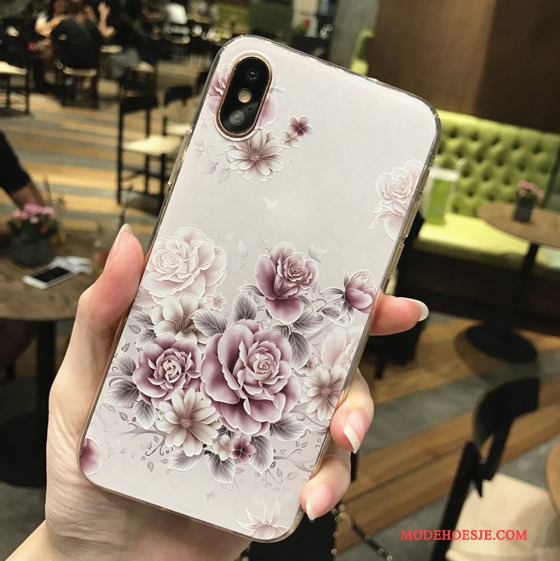 Hoesje iPhone X Geschilderd Anti-fall Purper, Hoes iPhone X Reliëf Roze Hanger