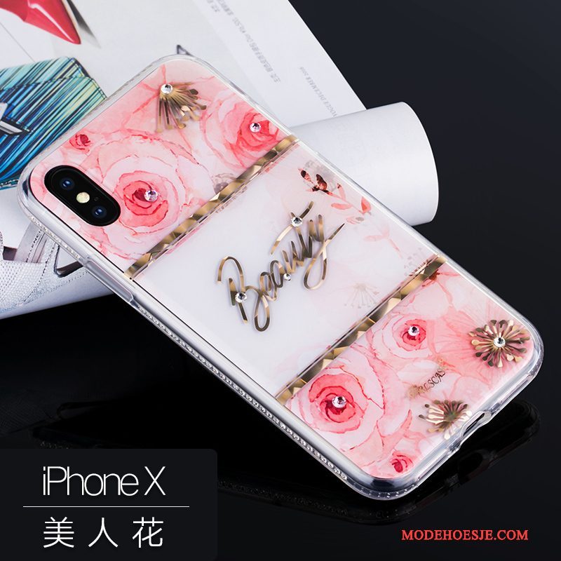 Hoesje iPhone X Siliconen Roze Anti-fall, Hoes iPhone X Luxe Telefoon Hanger