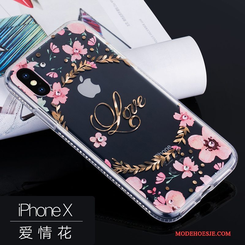 Hoesje iPhone X Siliconen Roze Anti-fall, Hoes iPhone X Luxe Telefoon Hanger