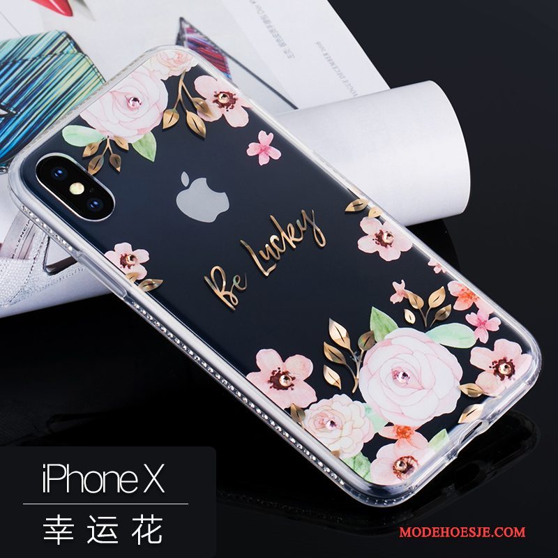 Hoesje iPhone X Siliconen Roze Anti-fall, Hoes iPhone X Luxe Telefoon Hanger