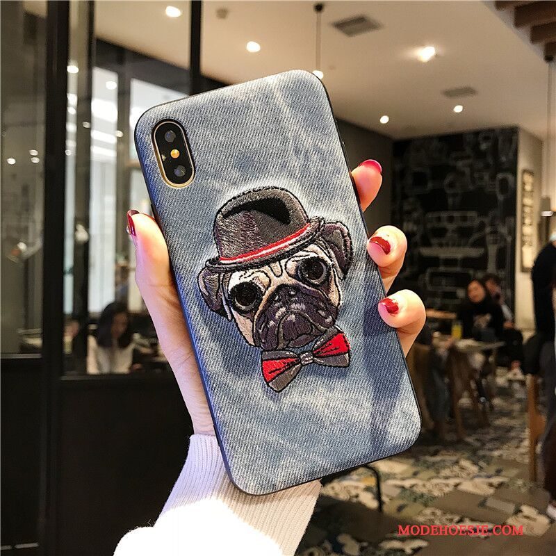 Hoesje iPhone X Zacht Anti-fall Trendy Merk, Hoes iPhone X Zakken Borduurwerk Grijs