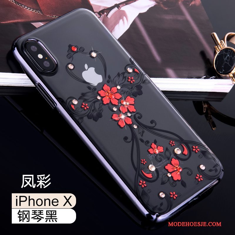 Hoesje iPhone X Zakken Goud Nieuw, Hoes iPhone X Strass Rood Doorzichtig