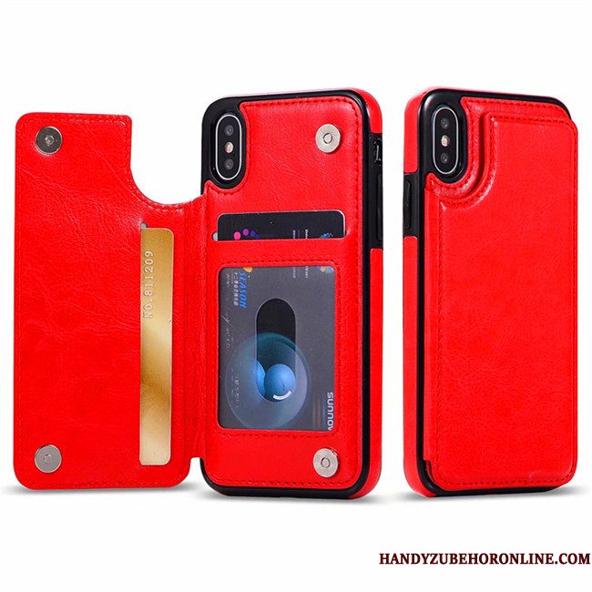 Hoesje iPhone Xs Max Bescherming Kaart Rood, Hoes iPhone Xs Max Leer Telefoon Anti-fall