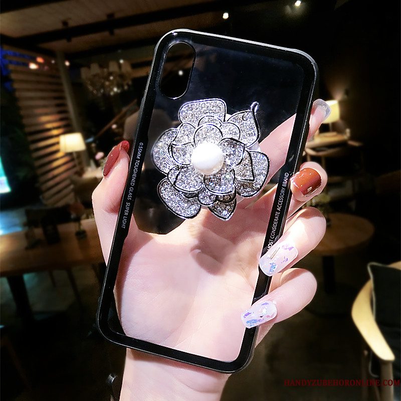 Hoesje iPhone Xs Strass Glas Bloemen, Hoes iPhone Xs Ondersteuning Trendy Merk Nieuw