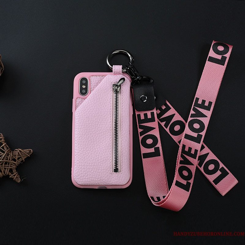 Hoesje iPhone Xs Zakken Roze Trendy Merk, Hoes iPhone Xs Portemonnee Kaart Hanger