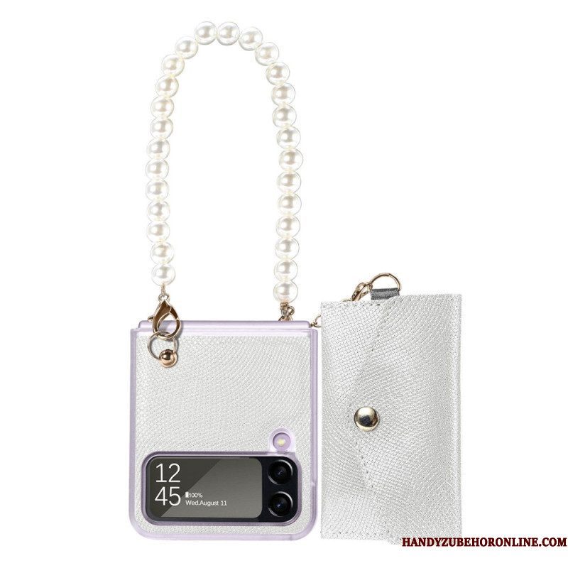 Hoesje voor Samsung Galaxy Z Flip 4 Folio-hoesje Kaarthouder En Lanyard Beads