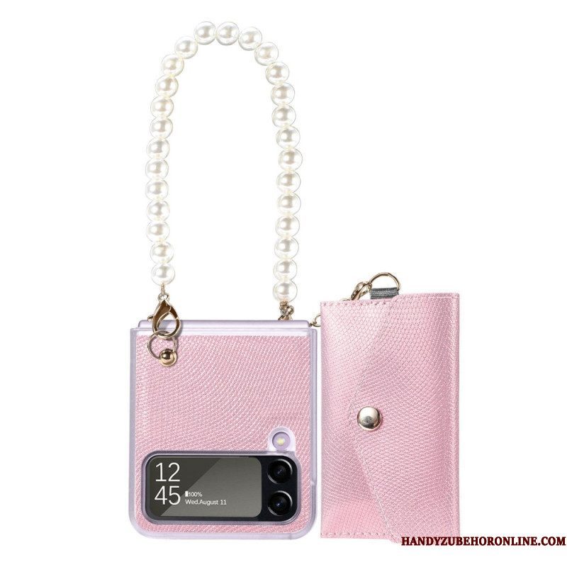 Hoesje voor Samsung Galaxy Z Flip 4 Folio-hoesje Kaarthouder En Lanyard Beads