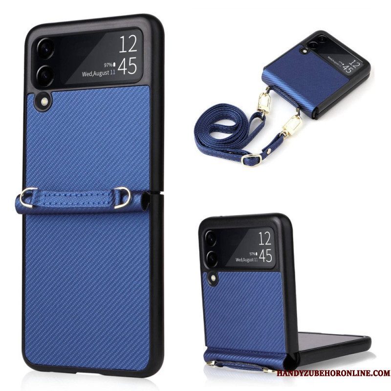 Hoesje voor Samsung Galaxy Z Flip 4 Folio-hoesje Leereffect Koolstofvezelstructuur Met Riem