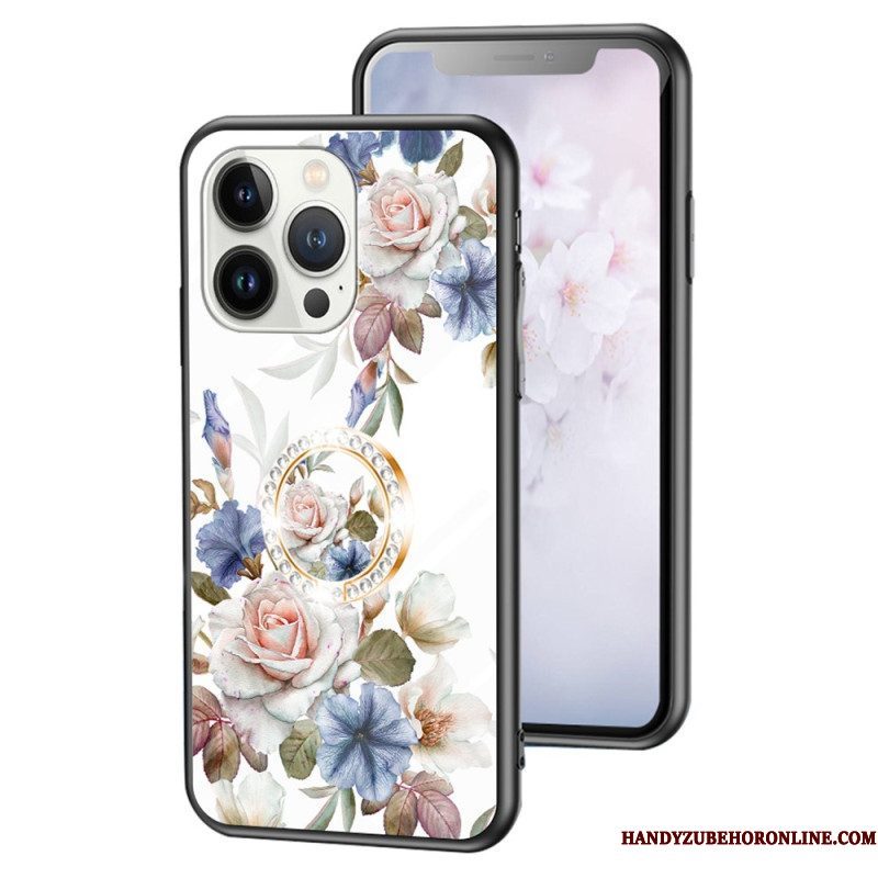 Hoesje voor iPhone 15 Pro Gebloemd Gehard Glas Met Steunring