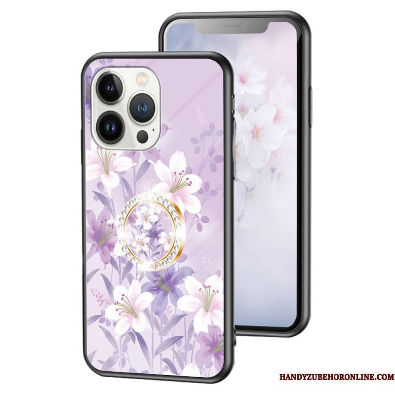 Hoesje voor iPhone 15 Pro Gebloemd Gehard Glas Met Steunring