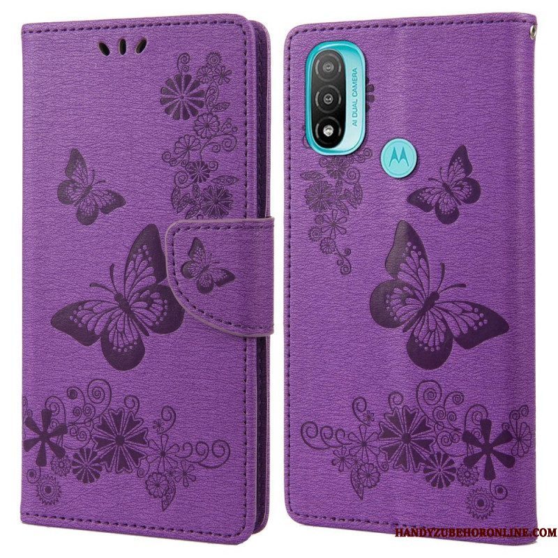 Leren Hoesje voor Moto E40 / E30 / E20 Met Ketting Prachtige Riemvlinders