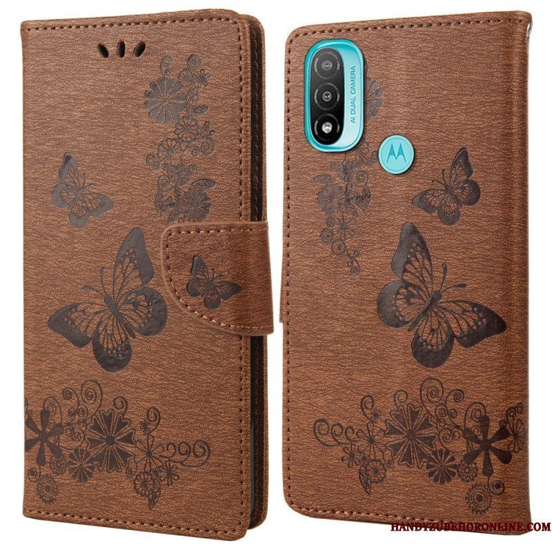 Leren Hoesje voor Moto E40 / E30 / E20 Met Ketting Prachtige Riemvlinders