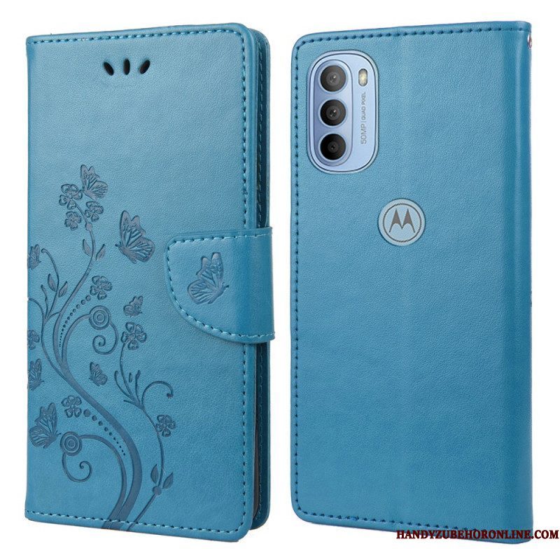 Leren Hoesje voor Moto G51 5G Met Ketting Prachtige Riemvlinders