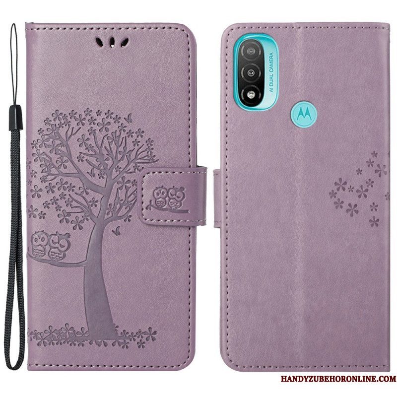 Leren Hoesje voor Moto G71 5G Met Ketting String Boom En Uilen