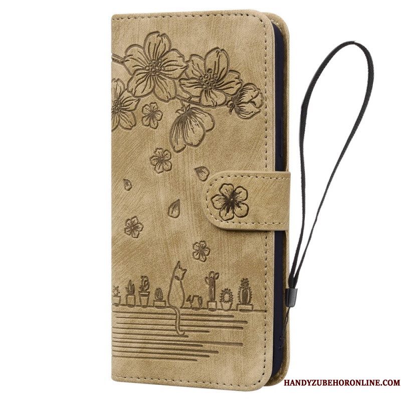 Leren Hoesje voor Samsung Galaxy A14 / A14 5G Met Ketting Bloemen String Kat