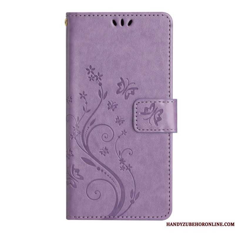 Leren Hoesje voor Samsung Galaxy A54 5G Met Ketting Bloemen En Vlinders Met Riem