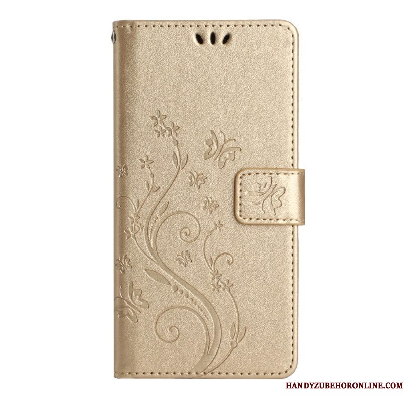 Leren Hoesje voor Samsung Galaxy A54 5G Met Ketting Bloemen En Vlinders Met Riem