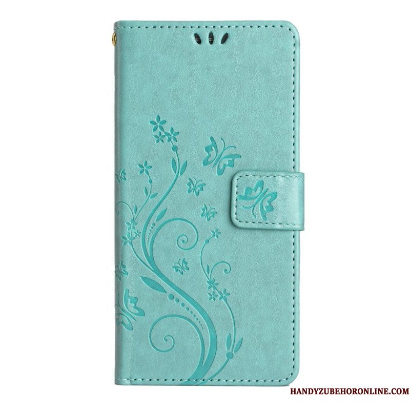 Leren Hoesje voor Samsung Galaxy A54 5G Met Ketting Bloemen En Vlinders Met Riem