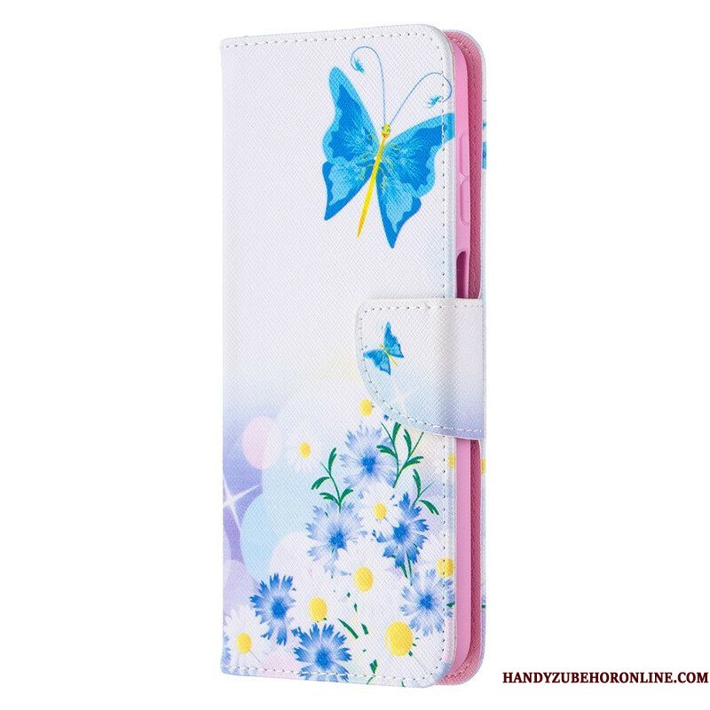 Leren Hoesje voor Samsung Galaxy M12 / A12 Geschilderde Vlinders En Bloemen