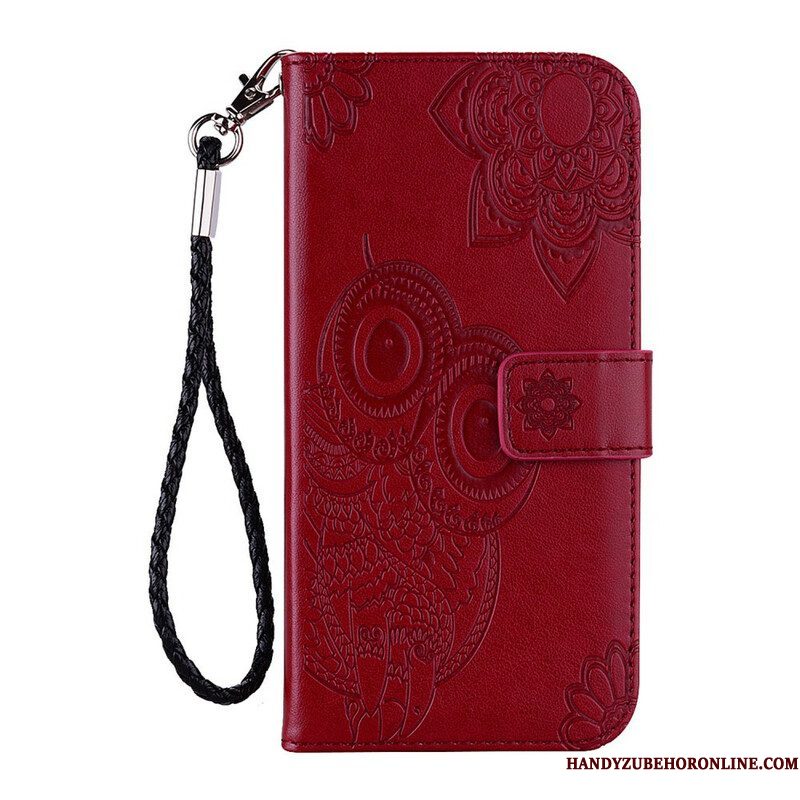 Leren Hoesje voor Samsung Galaxy S21 FE Uil Mandala En Lanyard