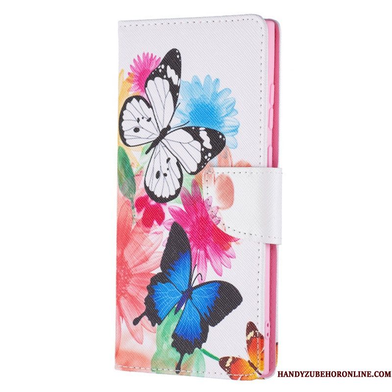 Leren Hoesje voor Samsung Galaxy S22 Ultra 5G Geschilderde Vlinders En Bloemen