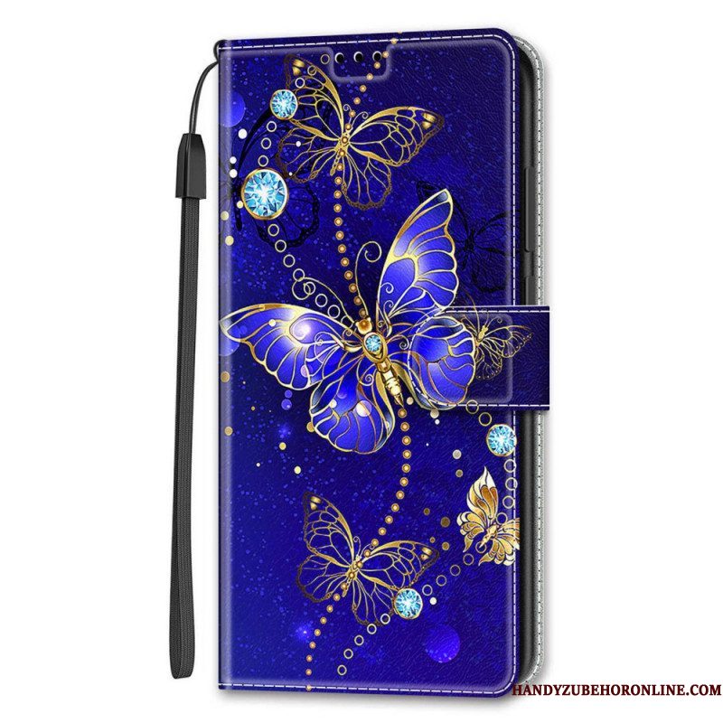 Leren Hoesje voor Samsung Galaxy S22 Ultra 5G Met Ketting Riem Vlinders Waaier