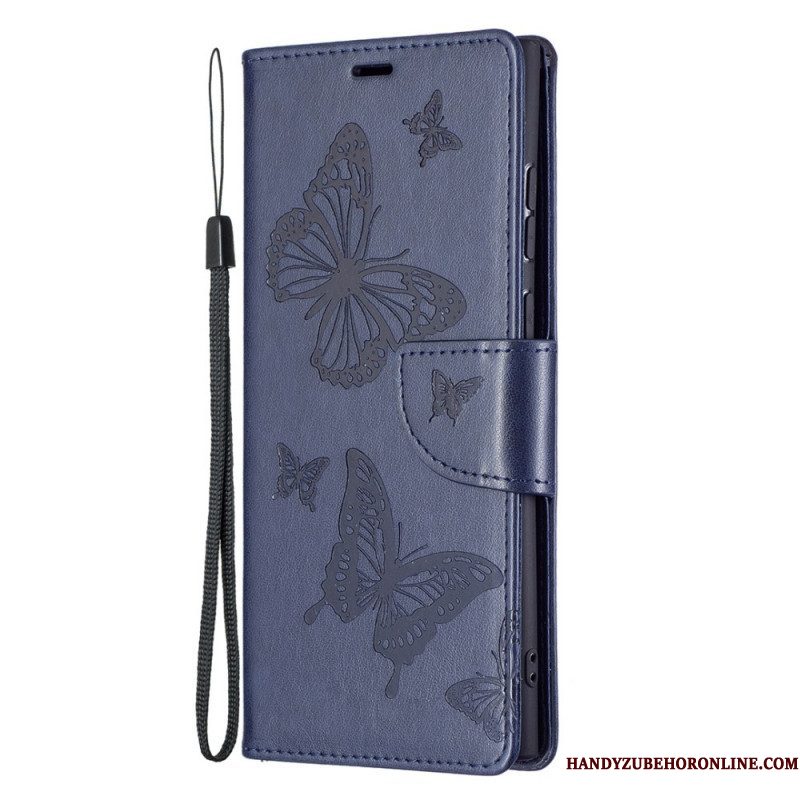 Leren Hoesje voor Samsung Galaxy S22 Ultra 5G Vlinders Tijdens De Vlucht Met Lanyard