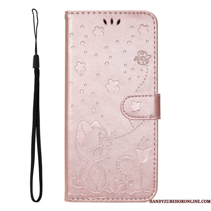 Leren Hoesje voor Samsung Galaxy S23 5G Met Ketting Strappy Kat En Bijen