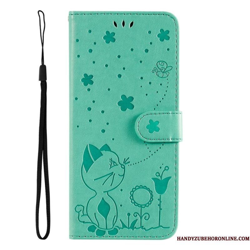 Leren Hoesje voor Samsung Galaxy S23 5G Met Ketting Strappy Kat En Bijen