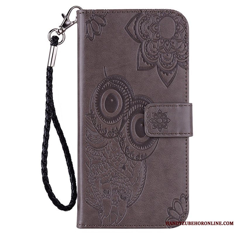 Leren Hoesje voor Samsung Galaxy S23 5G Uil Mandala En Lanyard