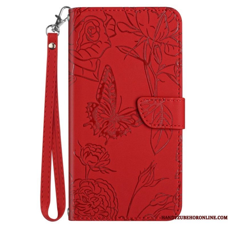 Leren Hoesje voor Sony Xperia 5 IV Vlinders Met Lanyard