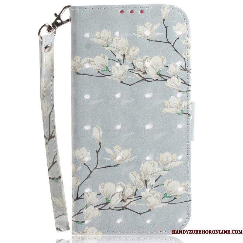 Leren Hoesje voor Xiaomi 12 / 12X Met Ketting Witte Bloemen Met Bandjes