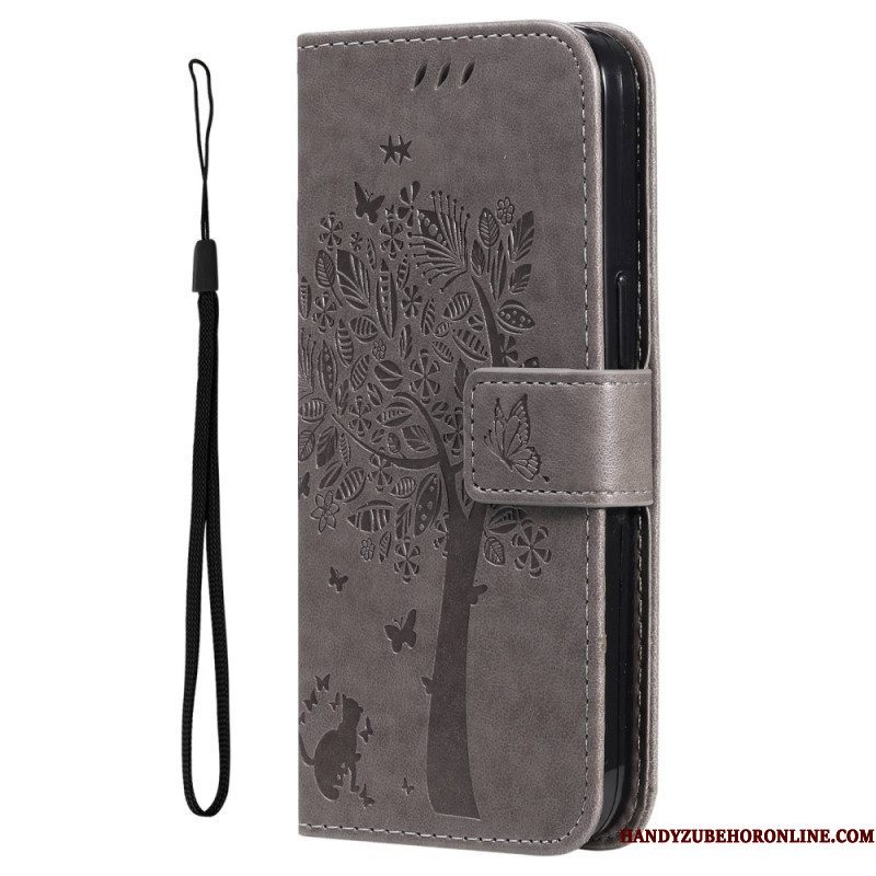 Leren Hoesje voor Xiaomi 12T / 12T Pro Met Ketting Kat Onder De String Tree