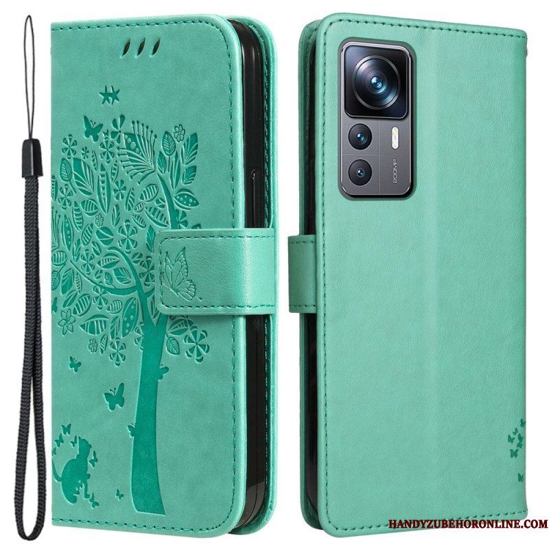 Leren Hoesje voor Xiaomi 12T / 12T Pro Met Ketting Kat Onder De String Tree