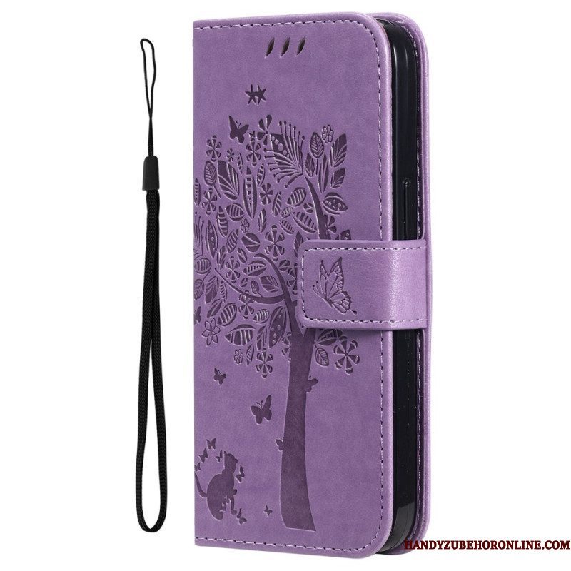 Leren Hoesje voor Xiaomi 12T / 12T Pro Met Ketting Kat Onder De String Tree