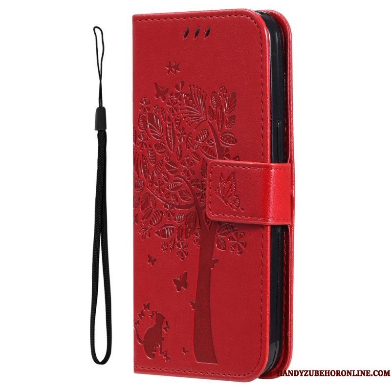 Leren Hoesje voor Xiaomi 12T / 12T Pro Met Ketting Kat Onder De String Tree