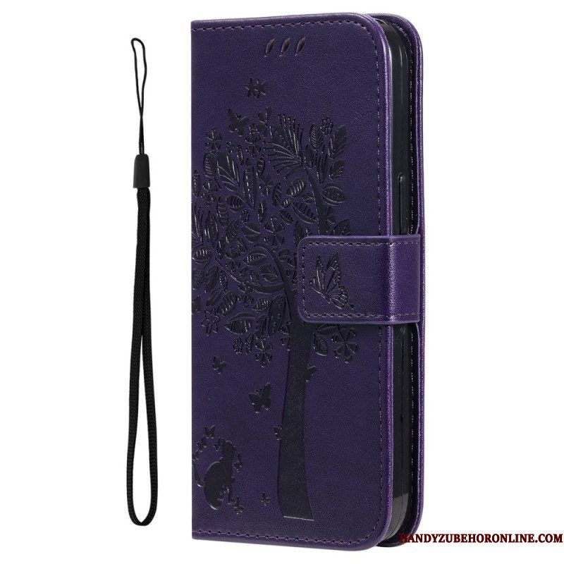 Leren Hoesje voor Xiaomi 12T / 12T Pro Met Ketting Kat Onder De String Tree