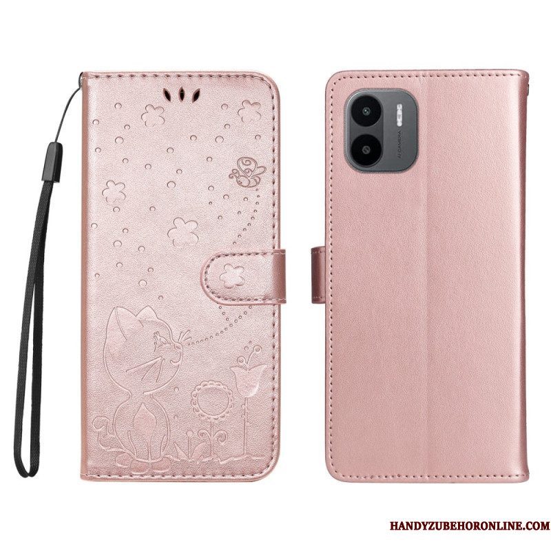 Leren Hoesje voor Xiaomi Redmi A1 Met Ketting Kat En Bij Met Lanyard