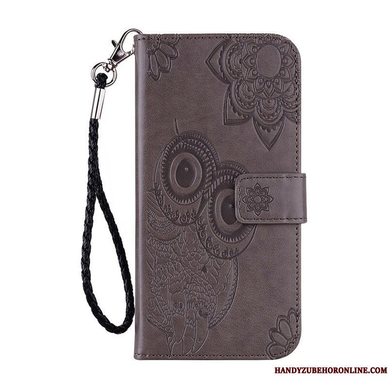 Leren Hoesje voor Xiaomi Redmi Note 10 / 10S Uil Mandala En Lanyard