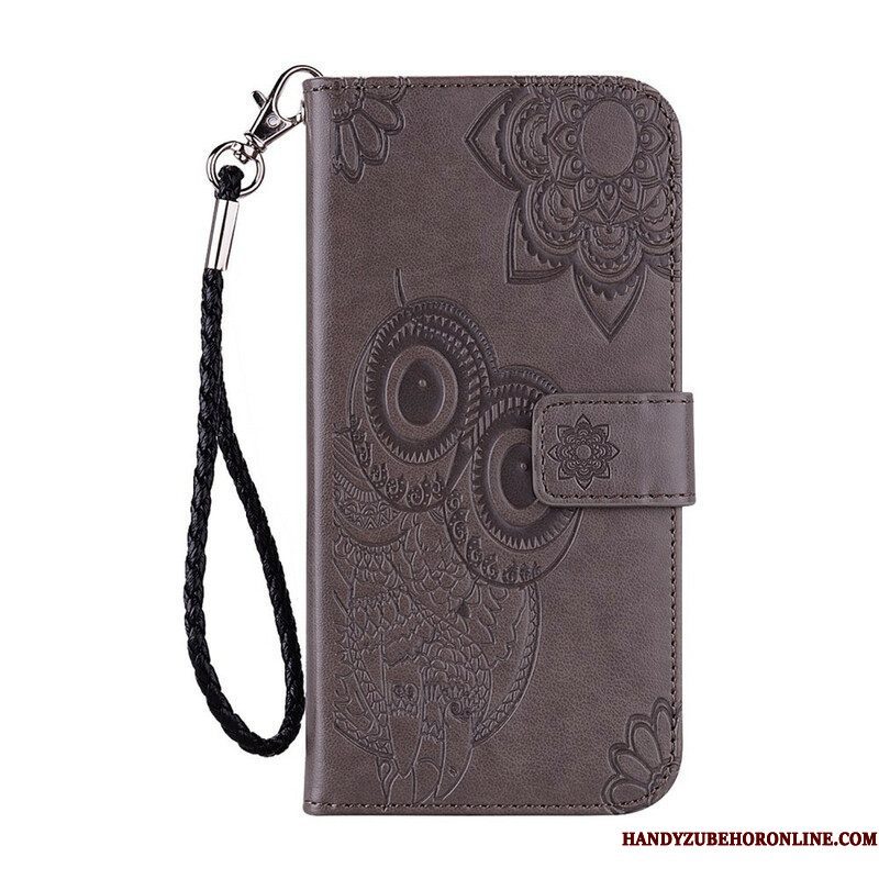 Leren Hoesje voor Xiaomi Redmi Note 10 / 10S Uil Mandala En Lanyard