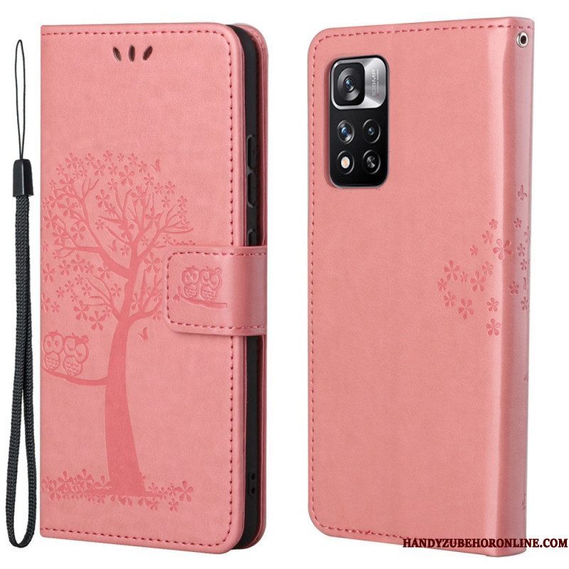 Leren Hoesje voor Xiaomi Redmi Note 11 Pro / 11 Pro 5G Met Ketting String Boom En Uilen