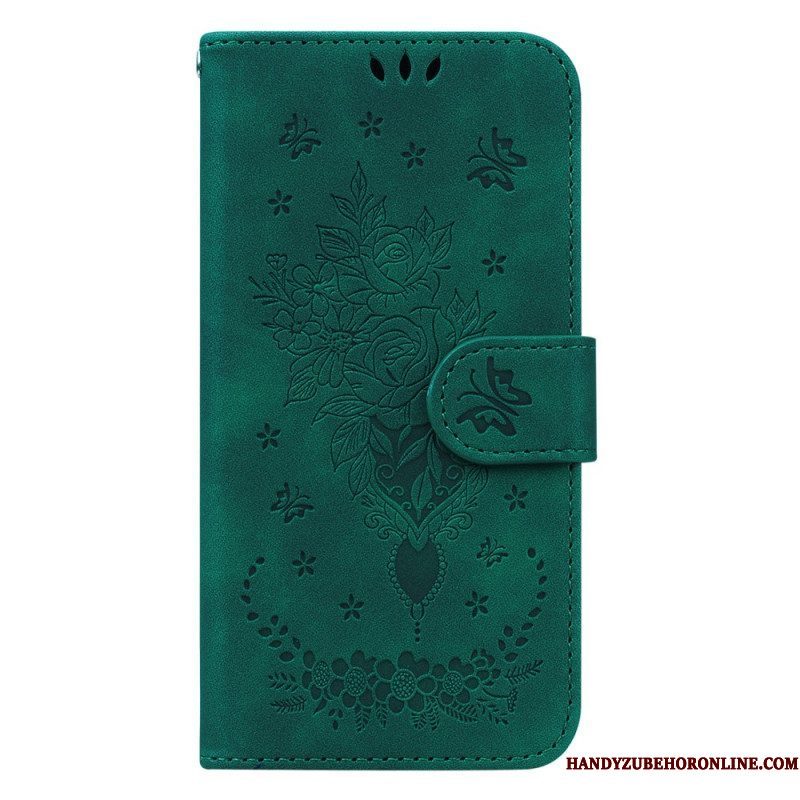 Leren Hoesje voor Xiaomi Redmi Note 12 4G Met Ketting Strappy Rozen En Vlinders