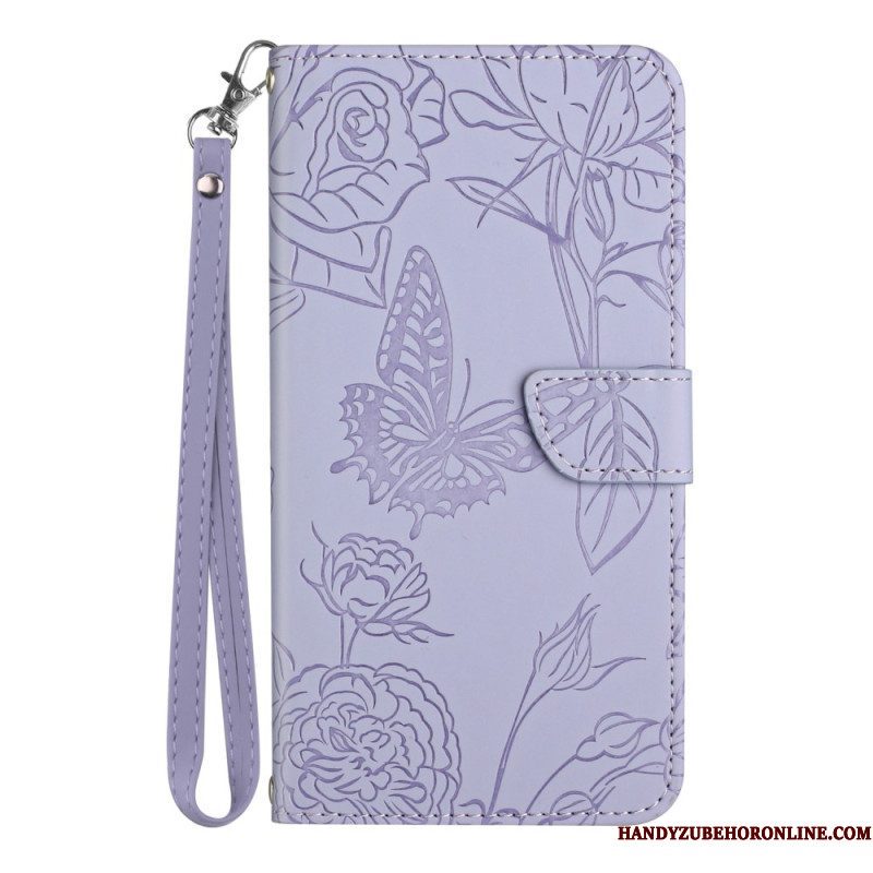 Leren Hoesje voor Xiaomi Redmi Note 12 5G Vlinders En Lanyard