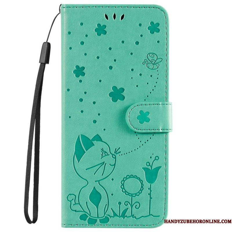 Leren Hoesje voor iPhone 14 Pro Max Met Ketting Strappy Kat En Bijen